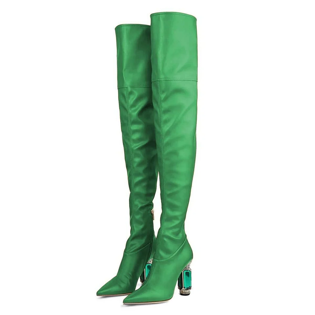 Green Satin Pointed Toe Shoes Decorative Heel Thigh High Boots Nicepairs