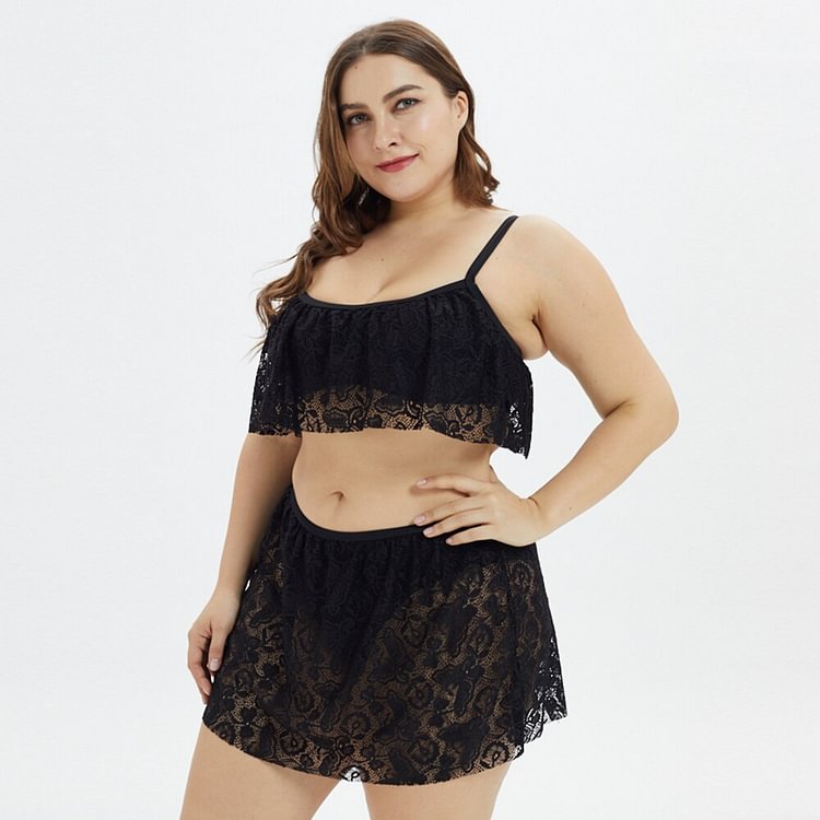 Sale Plus Size Sexy Lace Women Tankini Swimsuit Bikini High Waist Beachwear Solid Summer Padded Swimwear Halter Bikini Set D30 - BlackFridayBuys