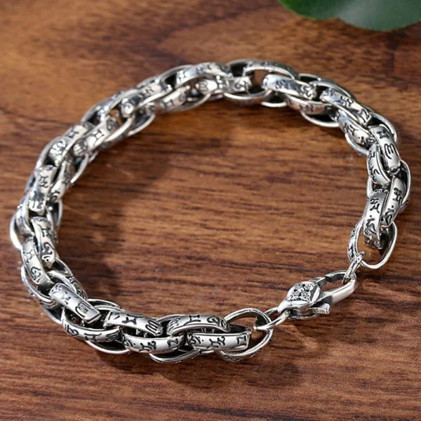 Sterling Silver Buddhist Mantra Vajra Pestle Byzantine Chain Bracelet
