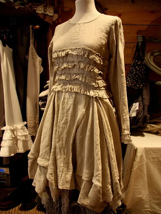 Cotton Linen Pleated Flounce Solid Color Dress