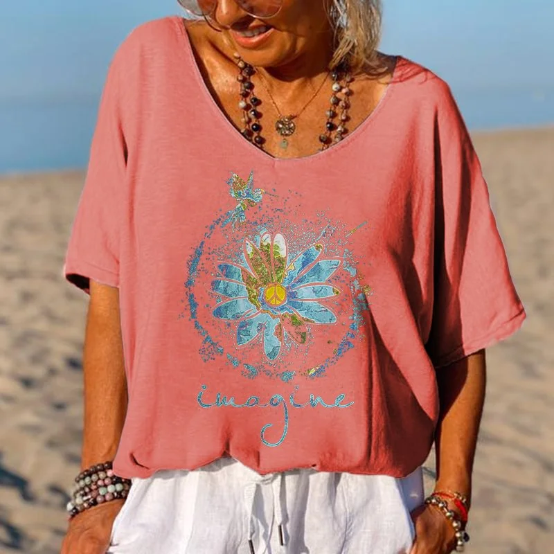 Imagine Printed Flower Hippie T-shirt