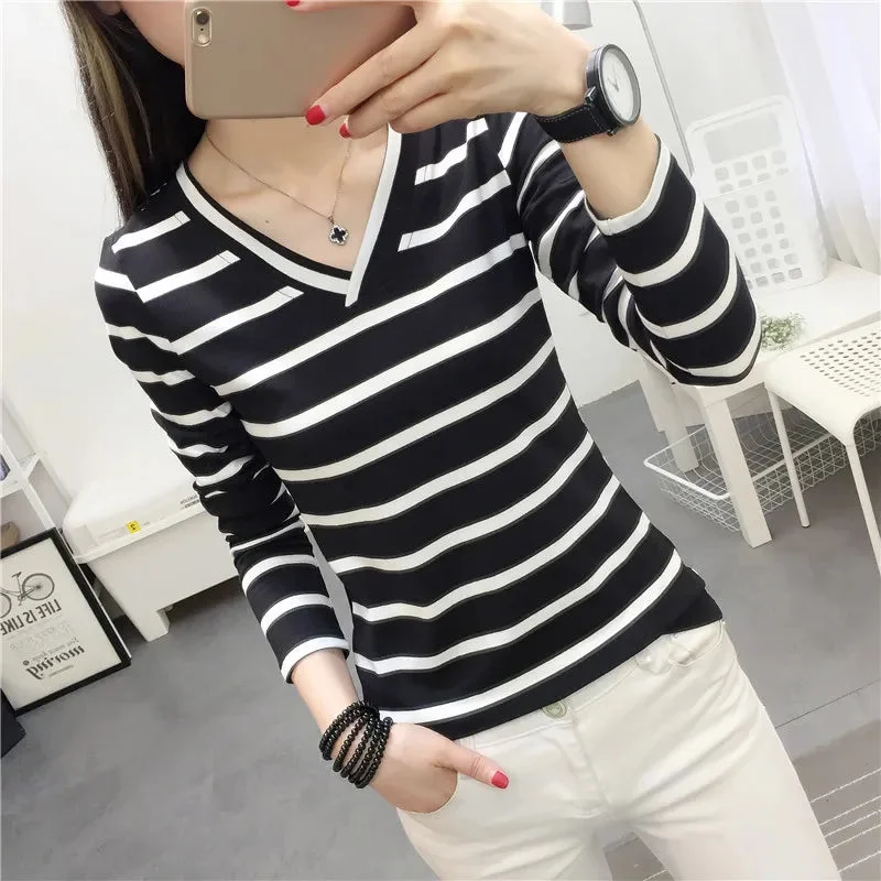 Tlbang Sleeve Fashion Black And White Striped Women T Shirts 2024 New Spring Casual Tops Pullover T-shirt O-neck Korean Shirt