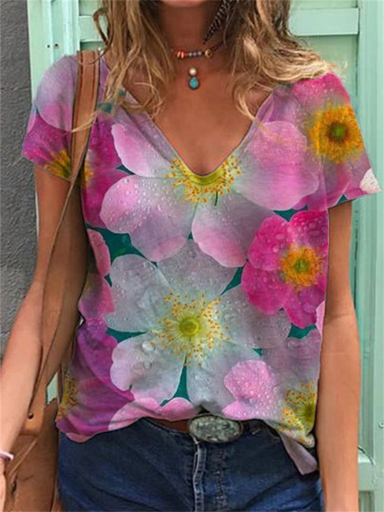 Comstylish Floral Print V Neck T Shirt