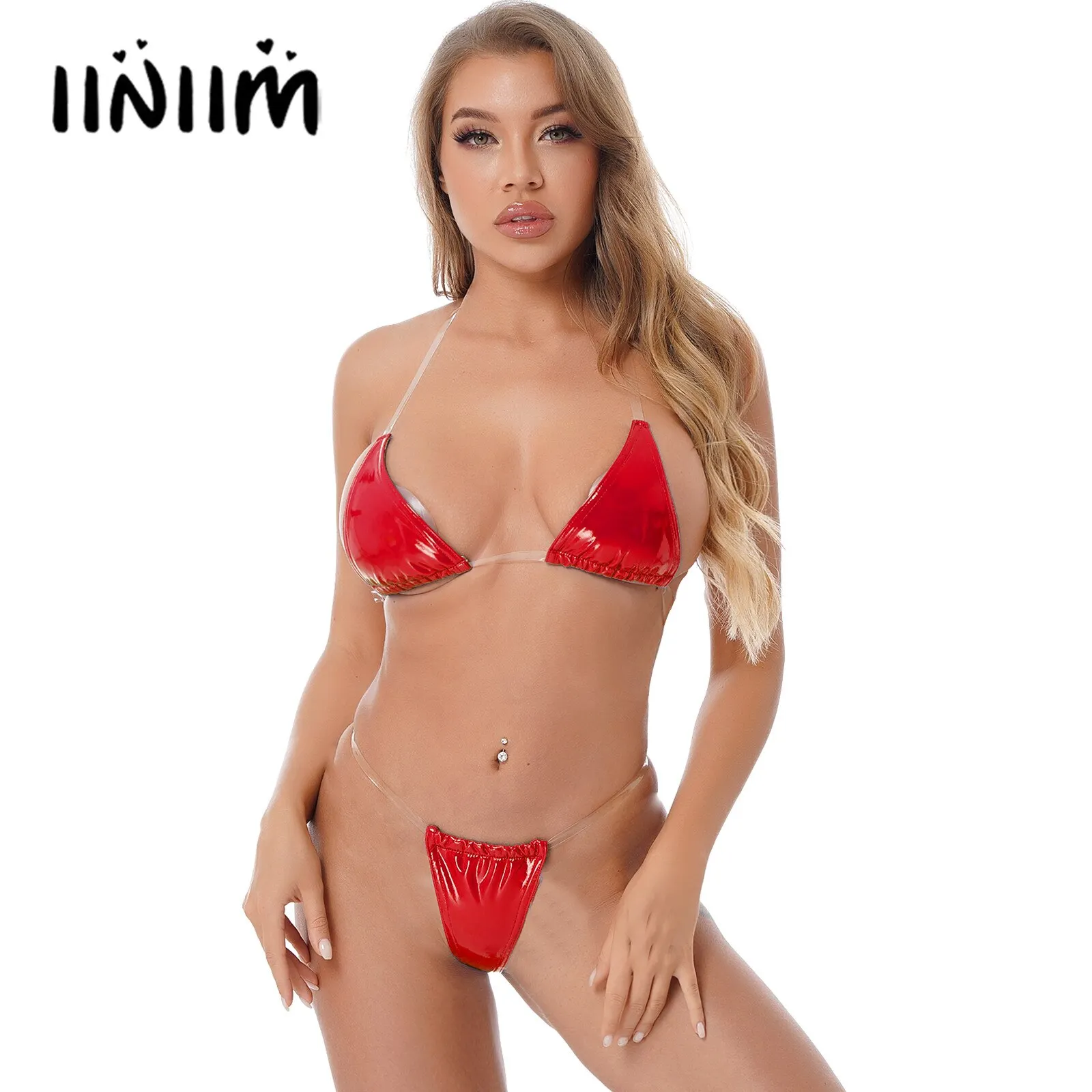 Uaang Women S Mini Bikini Set Sexy Swimsuit Wet Look Patent Leather Two