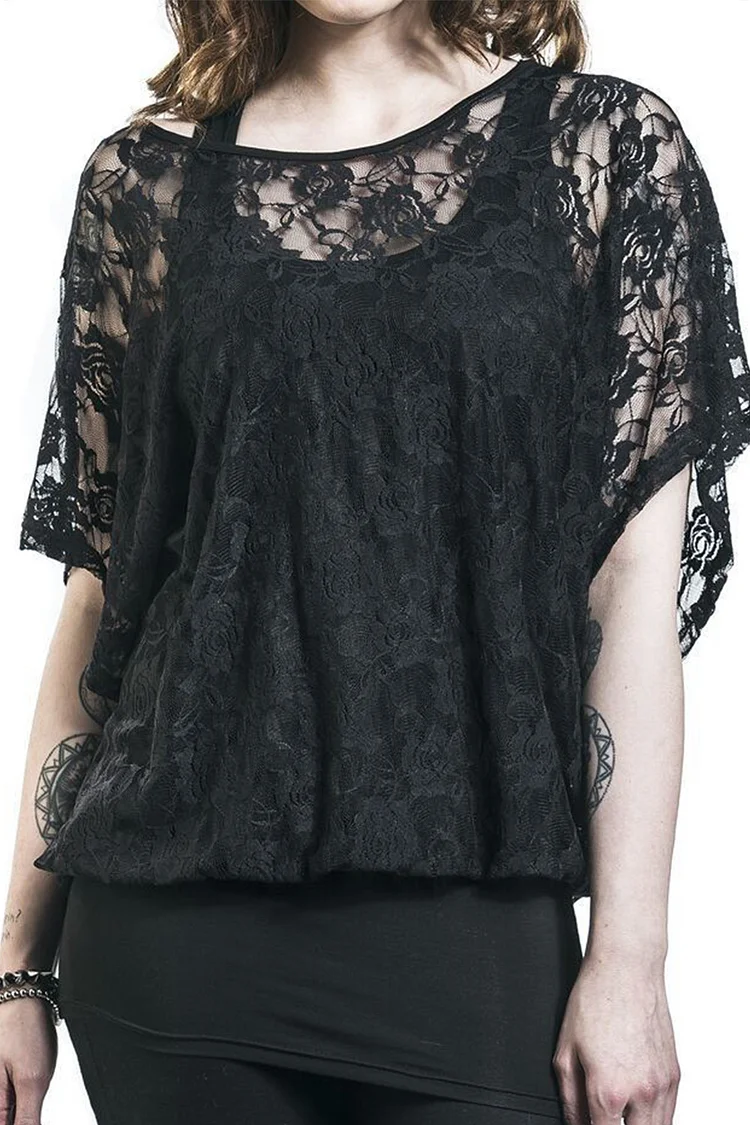 Gothic Black Casual See-through Lace Blouse Tank Top Two Pieces Blouse Set