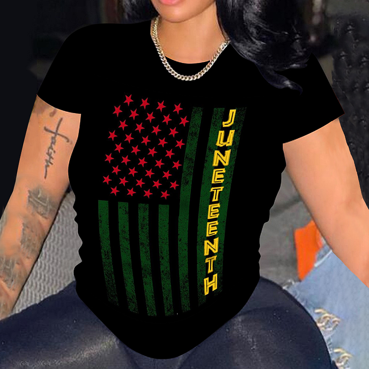 Vefave Round Neck Contrast Flag Print Short Sleeve T-Shirt