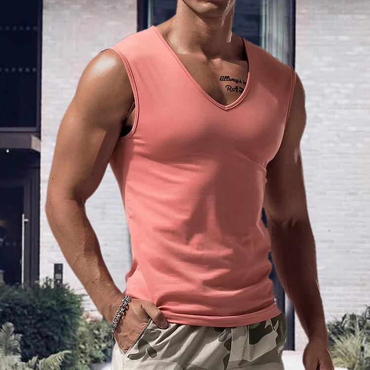 Men's Solid Color V-neck Tank Top Casual Breathable Sleeveless T-Shirt