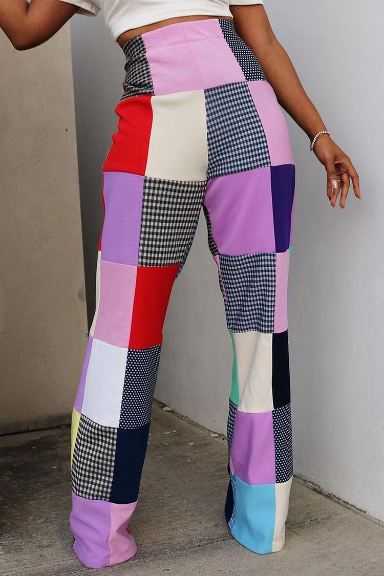 Multicolored Plaid High Waist Straight Leg Pants
