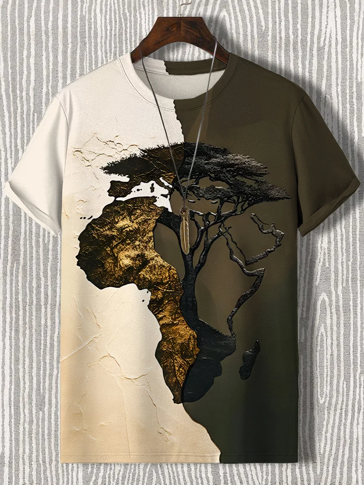 Men's Africa Map Tree Roots Splicing Art Print T-Shirt