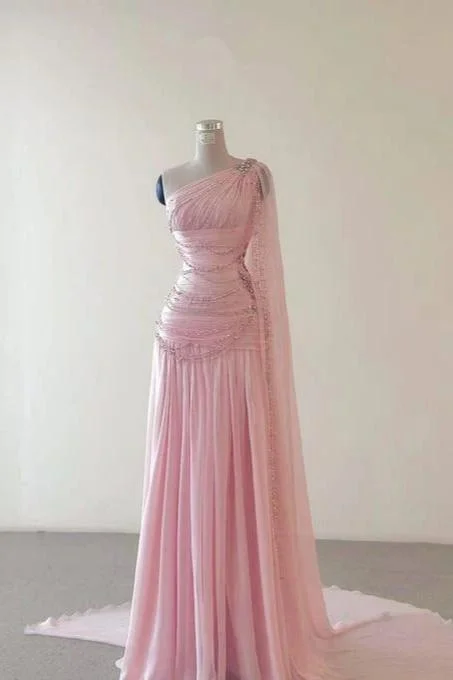 Lussooy Glamorous Pink One Shoulder Sleeveless Evening Dress With Train