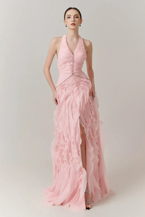 Lussooy Blushing Pink Halter Strap Pleated Split V-Neck Evening Dress With Beads