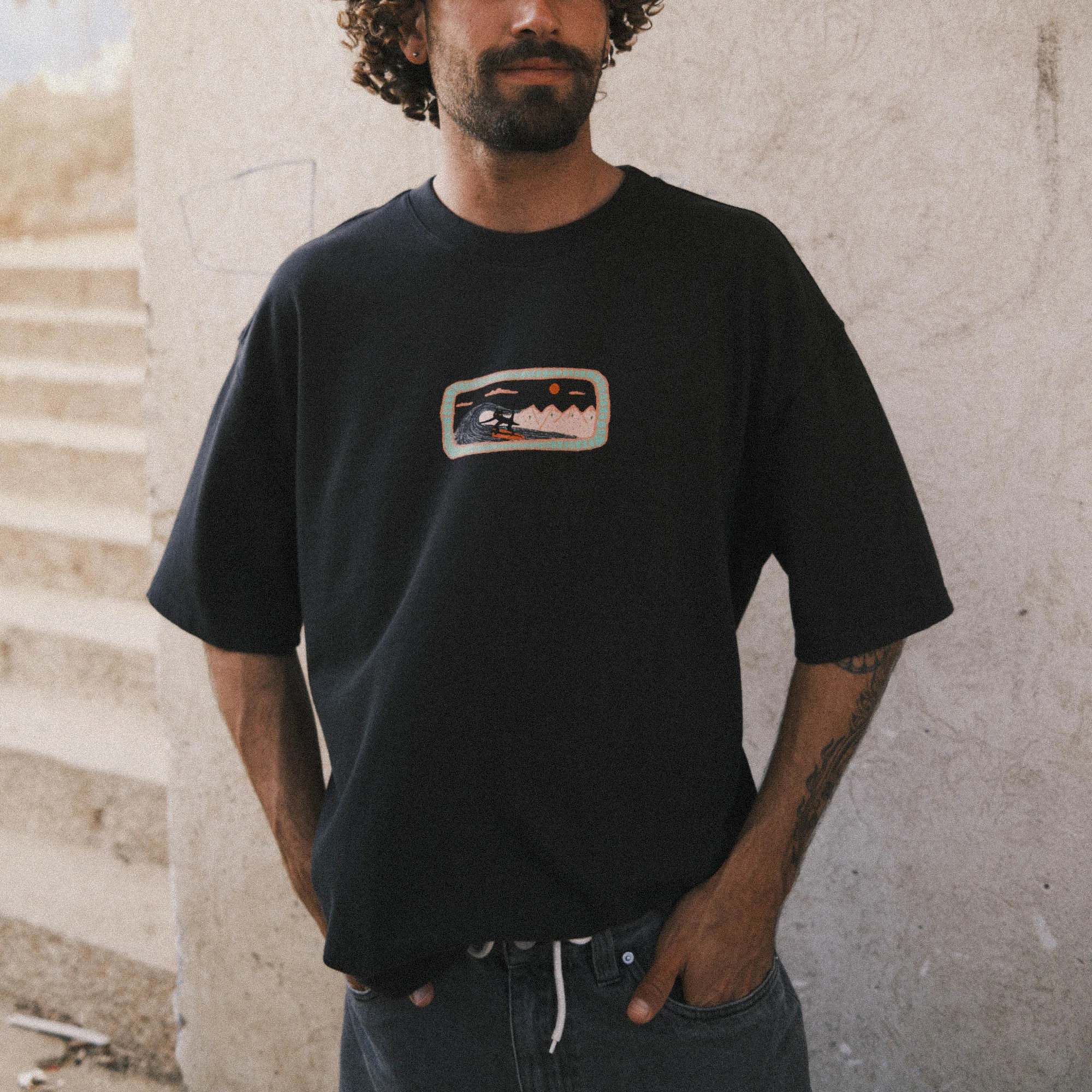 thesupersurf Cotton Blend Black T-Shirt with Embroidered 'Eat Waves' Noodle Design
