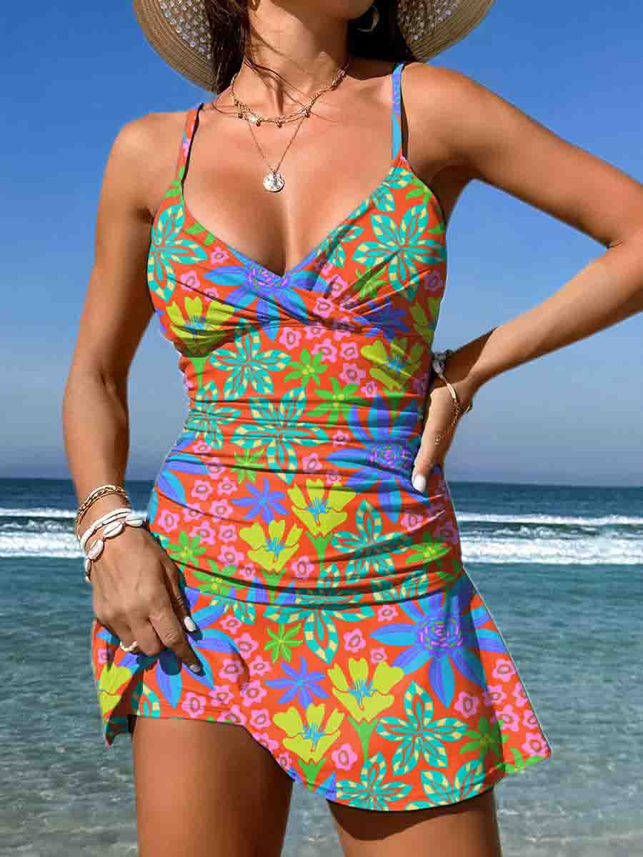 Abstract Print Underwire Balconet Belted One Piece Swimsuit