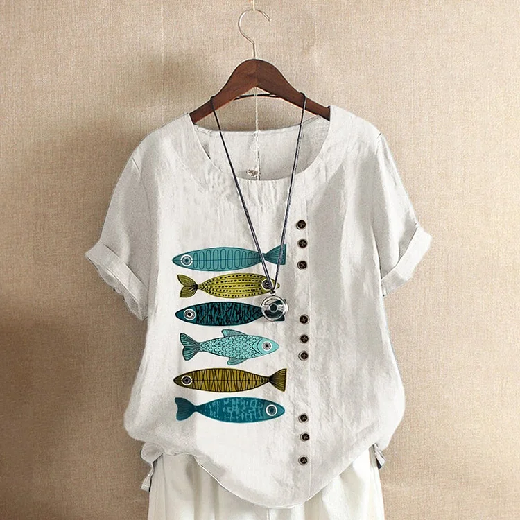 Cotton and Linen Printed Shirt Women