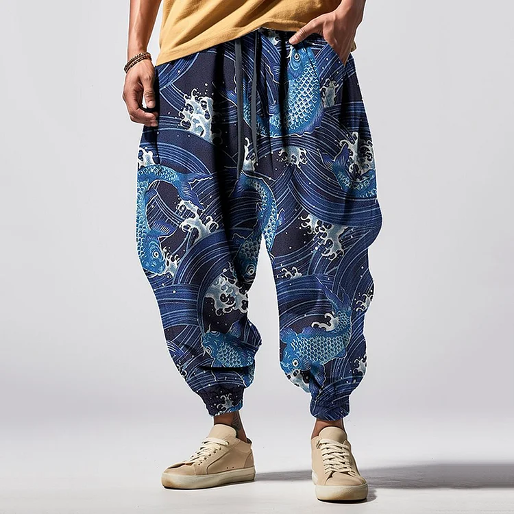 Comstylish Vintage Wave All Over Japanese Art Print Pattern Casual Loose Drawstring Waist Sweatpants