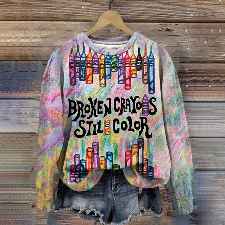 Comstylish Broken Crayons Still Color Print Round Neck Sweatshirt