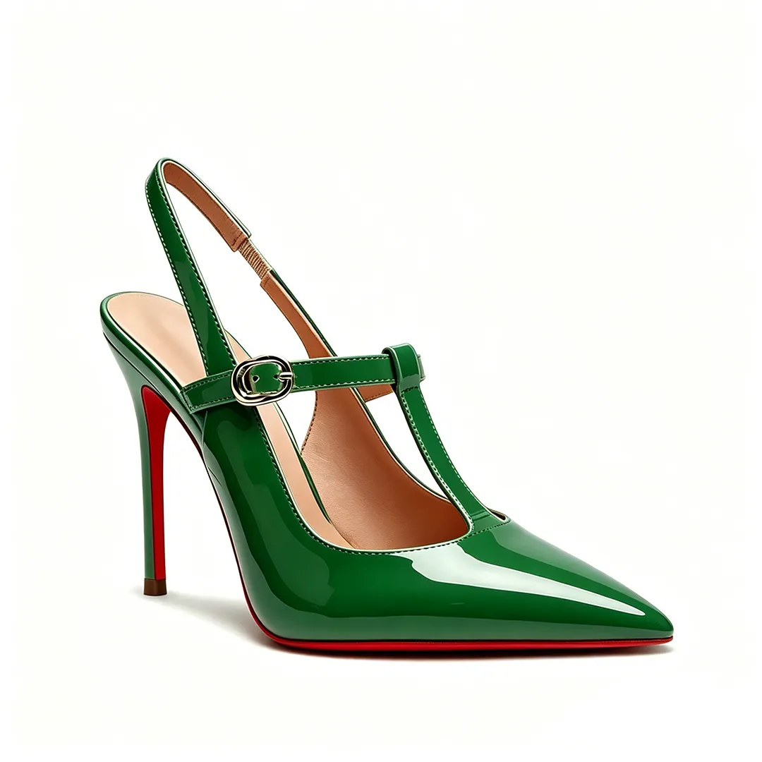 100mm Vintage T-Strap Backless Heels for Women Pointed Toe Stiletto Sandal with Red Bottom Shades Patent Leather Dress Shoes-MERUMOTE