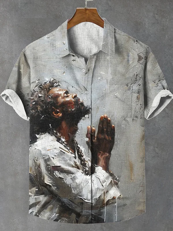 Men's Black Father Praying Oil Painting Print Linen Blend Shirt
