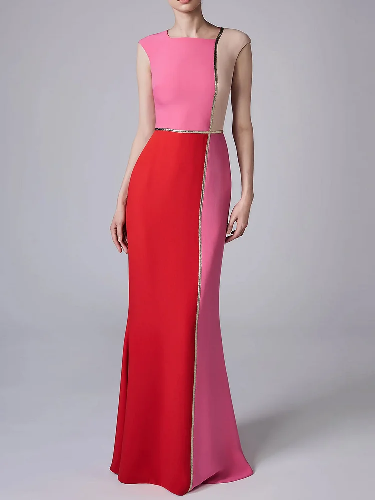 Elegant Color Block Sleeveless Bodycon Mermaid Hem Maxi Dress <shipping in 24 hours>