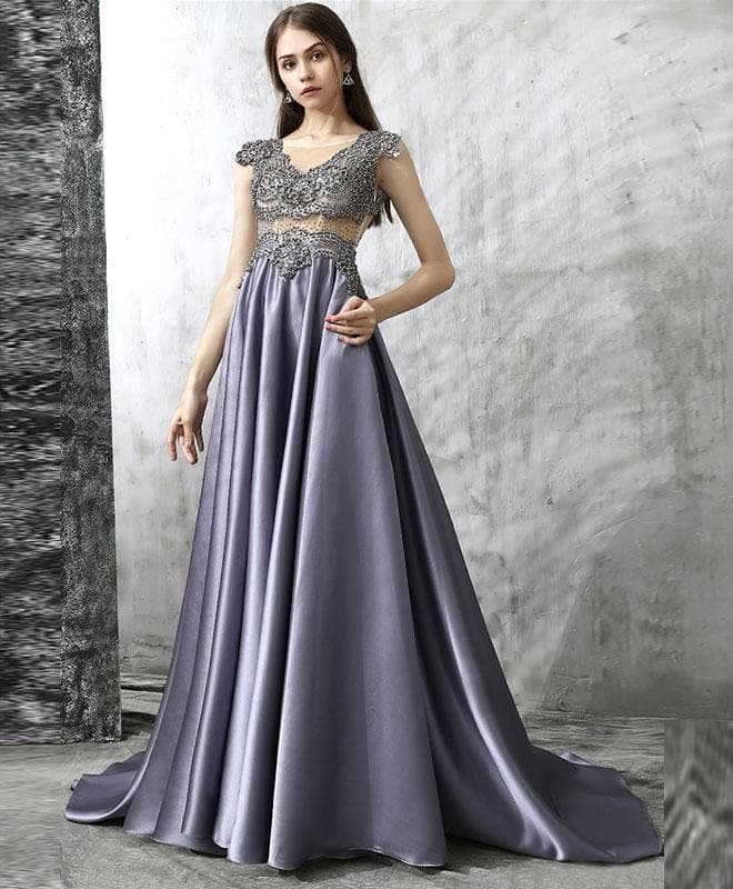 Unique V Neck Beads Long Prom Dress, Evening Dress