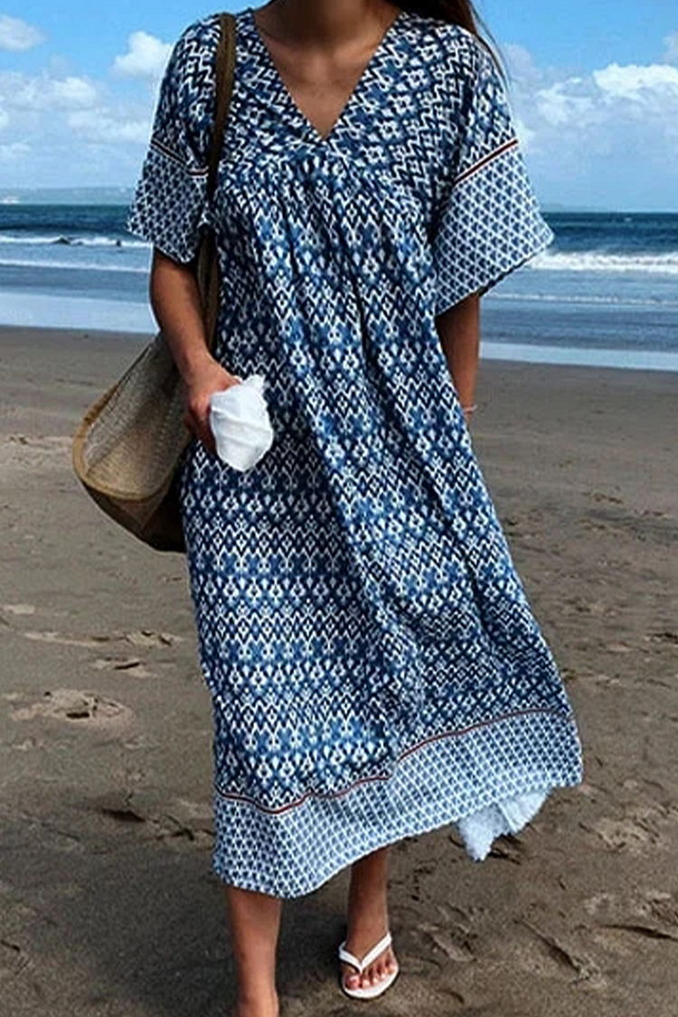 Fashion Print Patchwork V Neck Straight Dresses