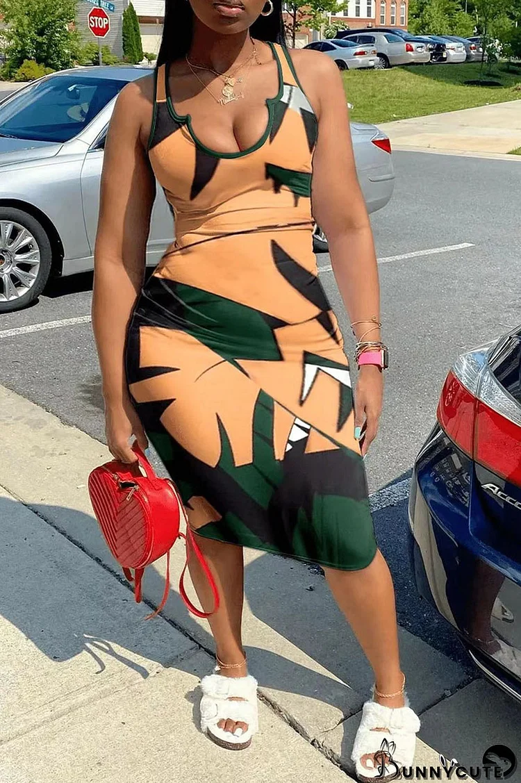 Ginger Sexy Casual Geometric Print U Neck One Step Skirt Plus Size Dresses