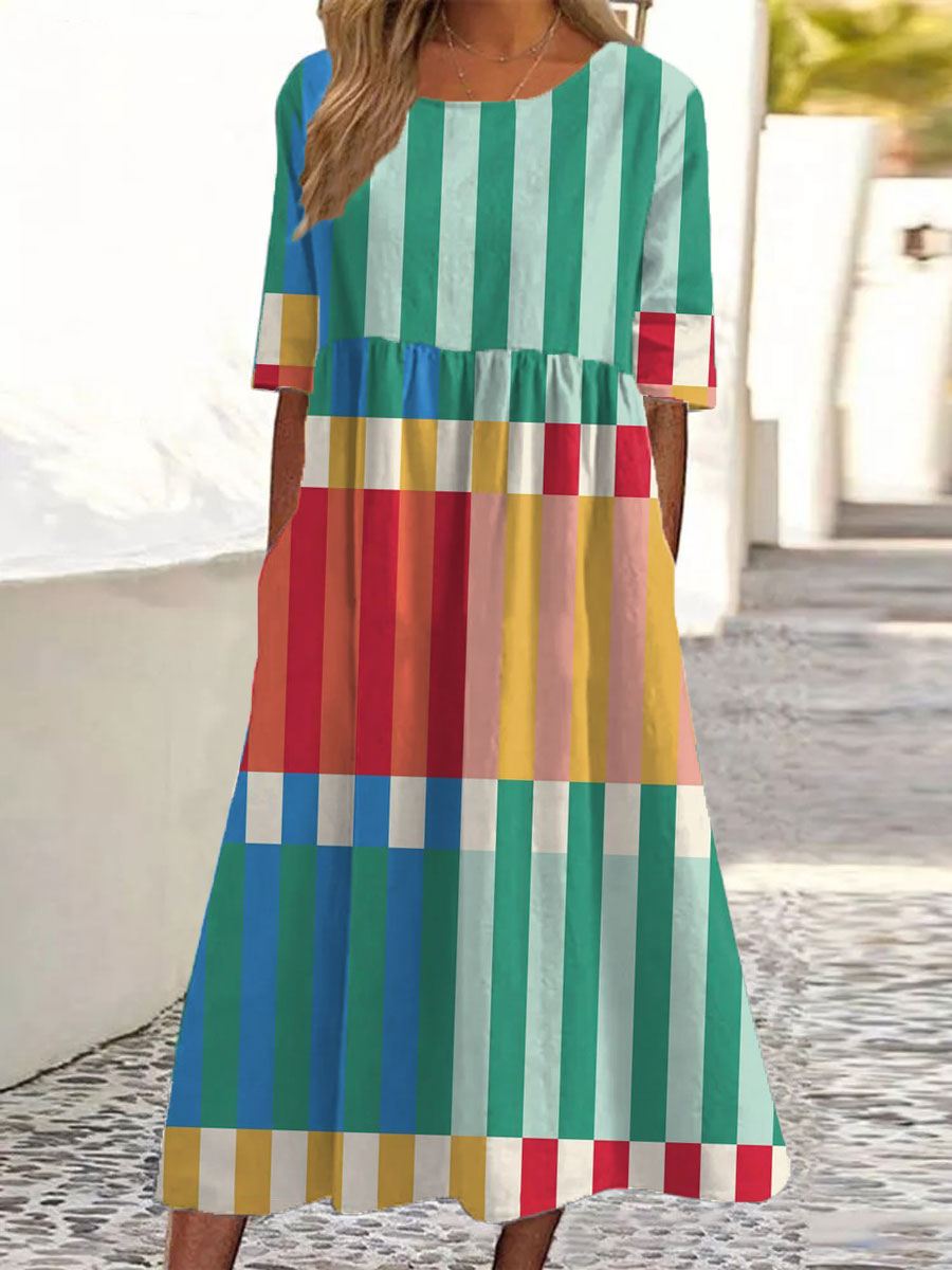 Women's Vintage Abstract Geometric Art Print Pocket Cotton Dress