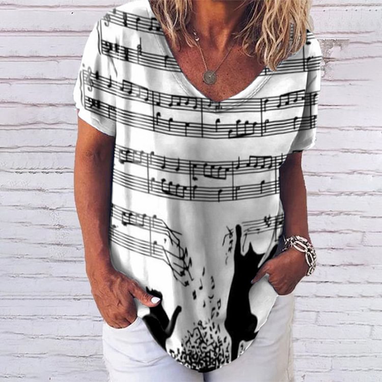 Vefave Cat Stave Print T-Shirt