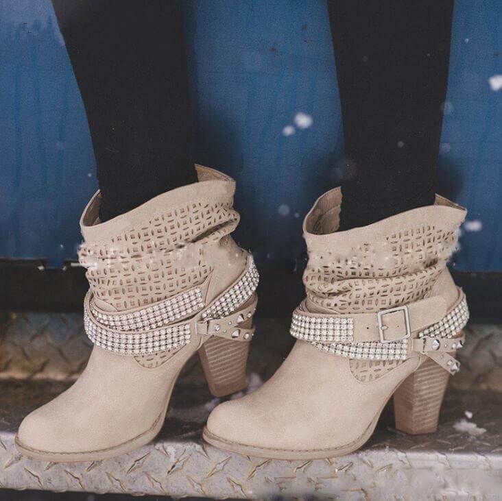 VCSHOES Chunky Heel Sequins Ankle Boots