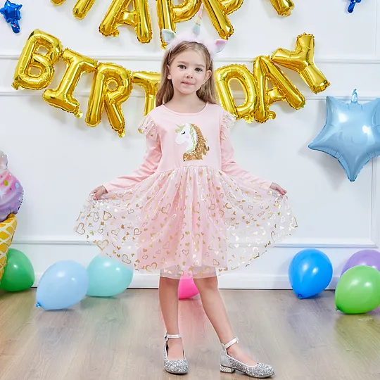 【3Y-8Y】Girls' Unicorn Sequin Long Sleeve Princess Dress