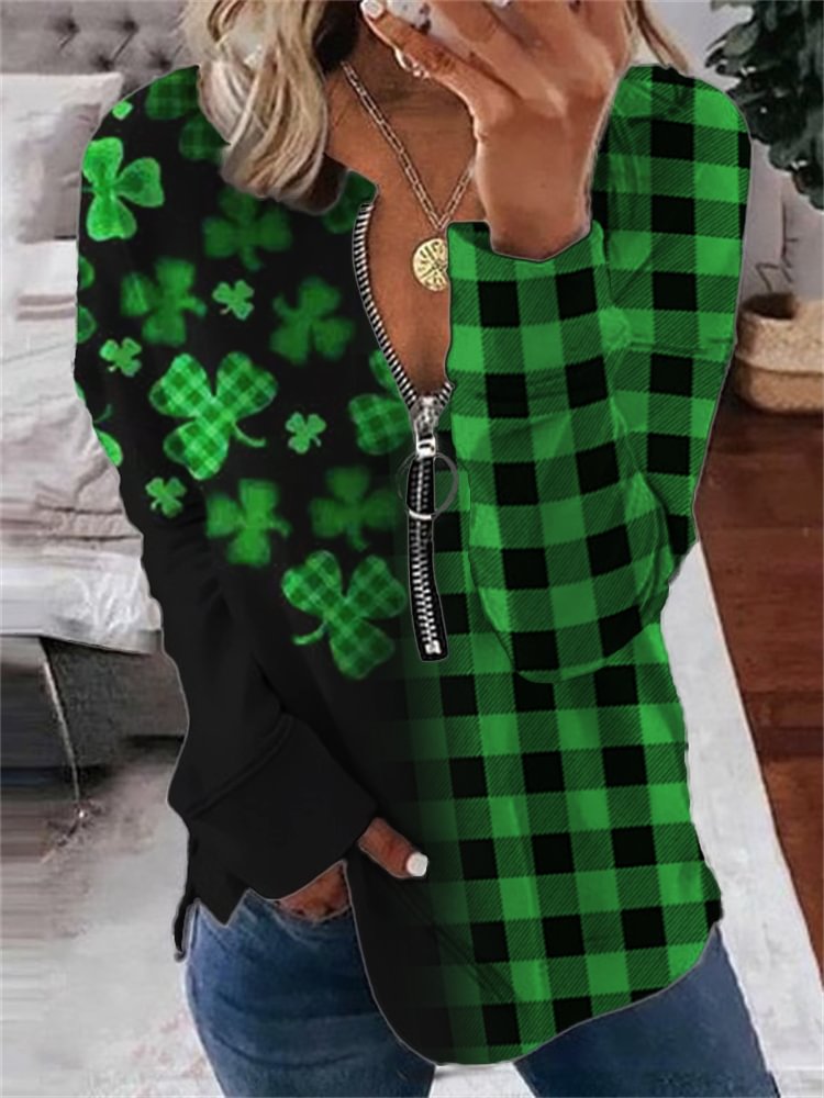 VChics St Patrick Clover Plaid Contrast Zip Up Sweatshirt