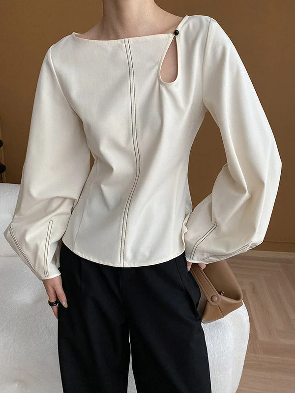 French Beige Round-Neck Asymmetric Hollow Out Long Sleeve Blouse