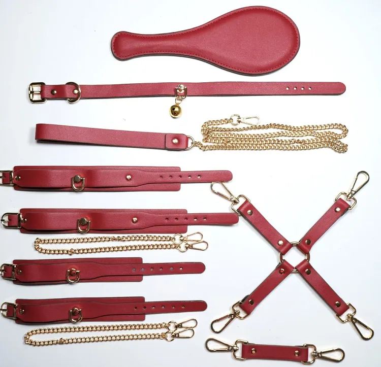 pornhint Pornhint Luxurious 8 Pieces Black Red Fetish BDSM Bondage Set Leather Restraint Kit BDSM