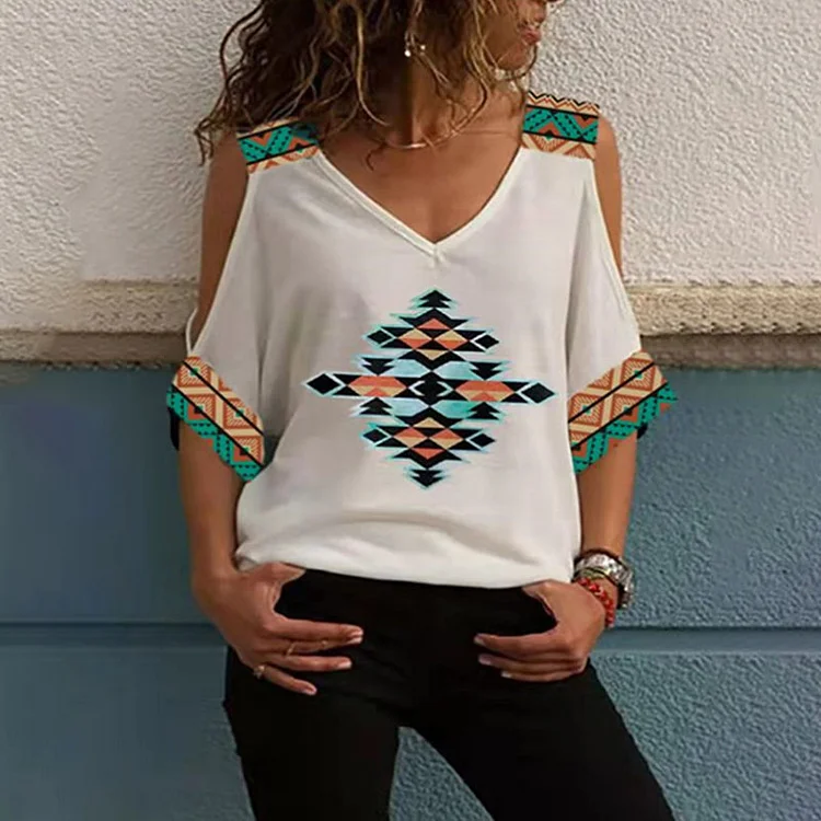 Off Shoulder V-Neck Totem Short Sleeve T-Shirt