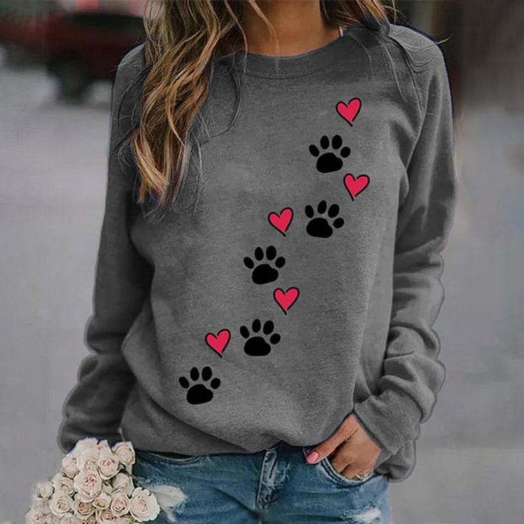 Vefave Love Dog Paw Round Neck Casual Sweater