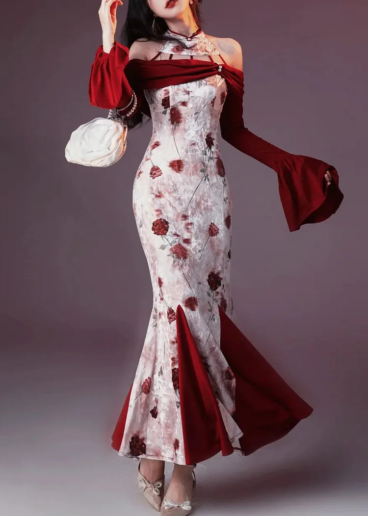 Chic Red Print Patchwork Silk Velvet Fishtail Dresses Flare Sleeve