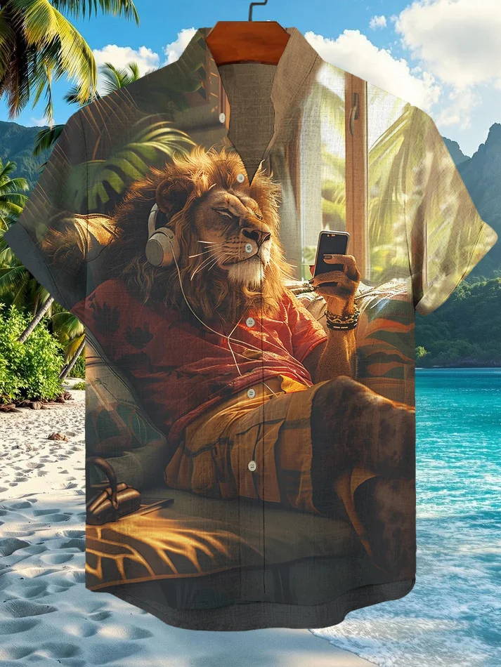 Men's Lion Vacation Hawaii Art Print Casual Shirt