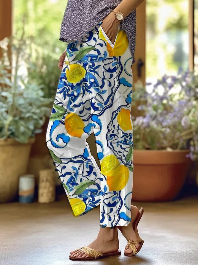 Women's Lemon Pattern Print Casual Pants socialshop