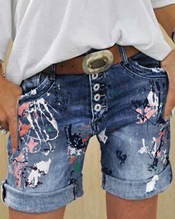 Abstract Print Paneled Folds Buttoned Short Jeans Pants - Chicaggo
