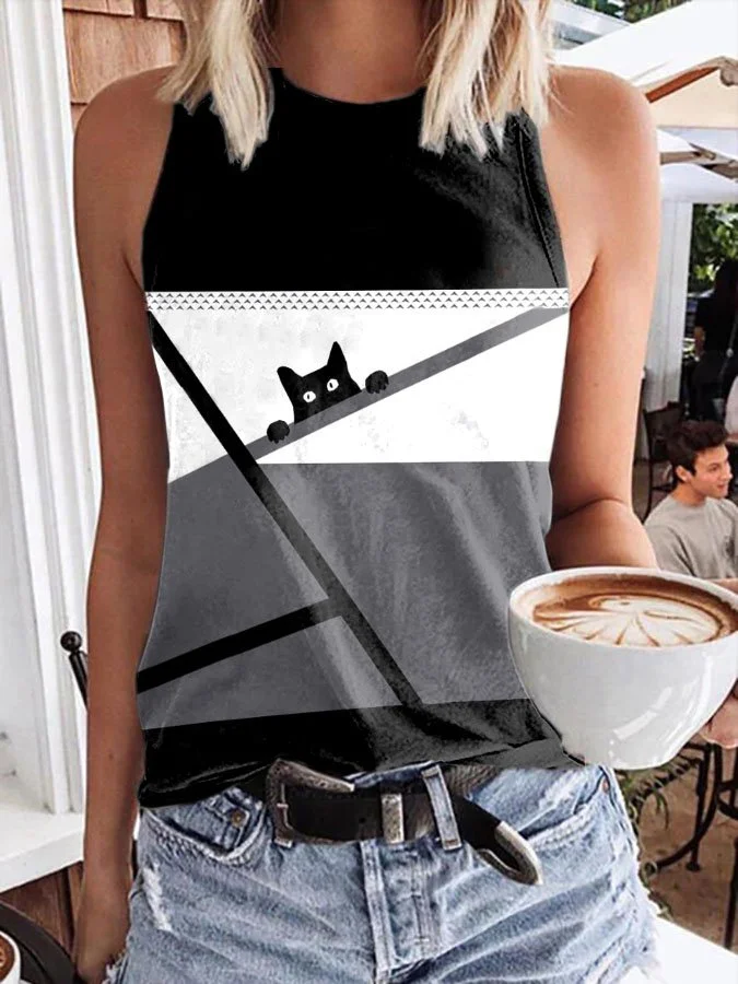 Cat Print Casual Sleeveless Tank Top socialshop