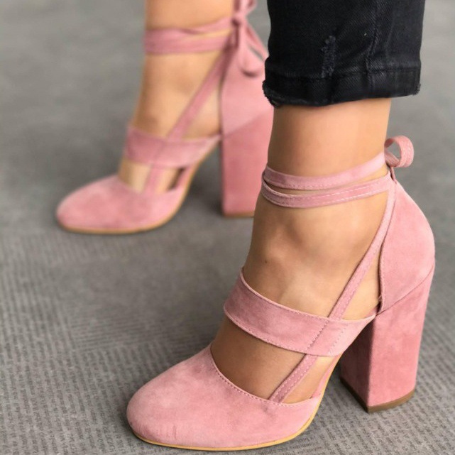 Pink Block Heel Sandals Suede Closed Toe Strappy Heels Pumps|FSJshoes