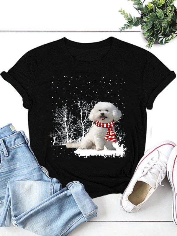 Bestdealfriday Winter Snow Bichon Frise Wearing Scarf Tee