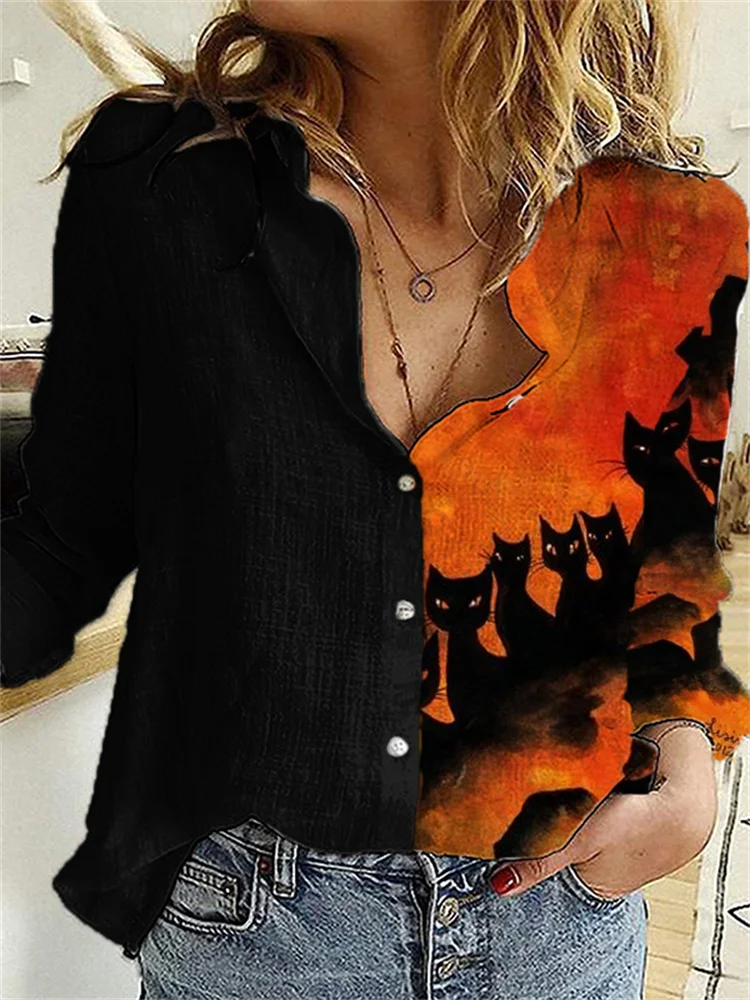 Halloween Cat Witch Contrast Color Blouse