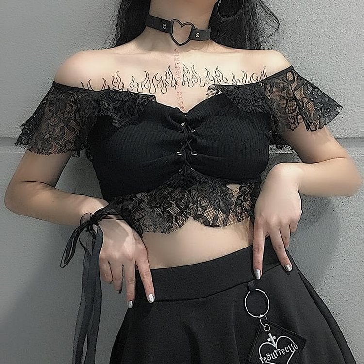 Black/White Hallow Out Lace Crop Top SP13575