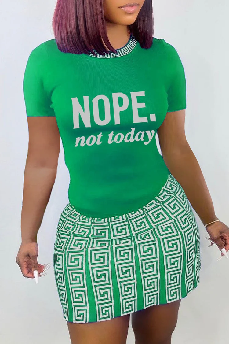 Fluorescent Green Casual Print Patchwork O Neck Short Sleeve Two Pieces