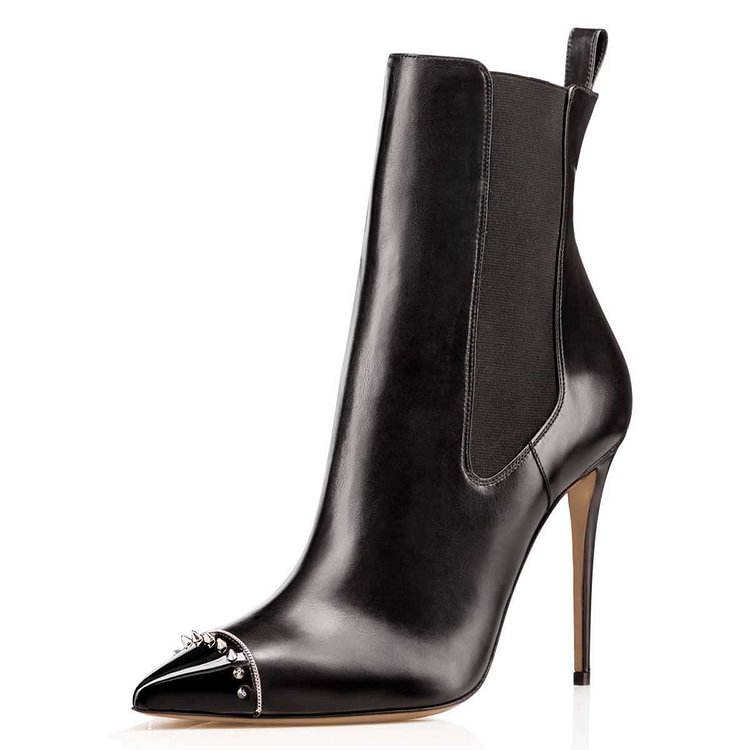 Black Studded Pointy Toe Stiletto Boots Fashion Ankle Booties |FSJ Shoes