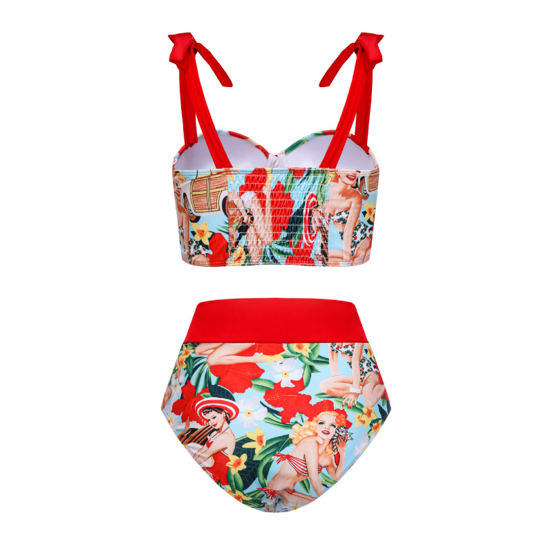 Bowknot Tie Shoulder Printed Bikini Swimsuit And Sarong Ladylim