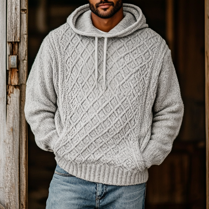 Men'S Vintage Plaid Woven Jacquard Hooded Sweater
