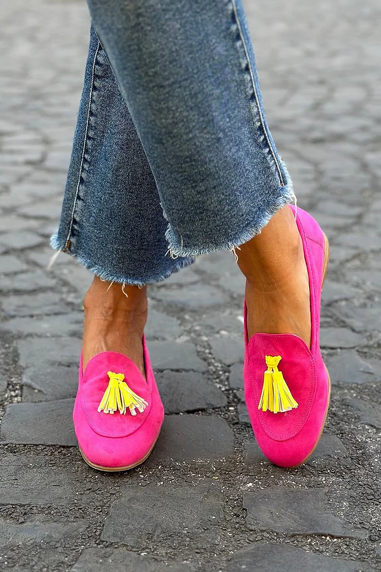 Contrast Color Fringe Trim Round Toe Slip-On Loafers 