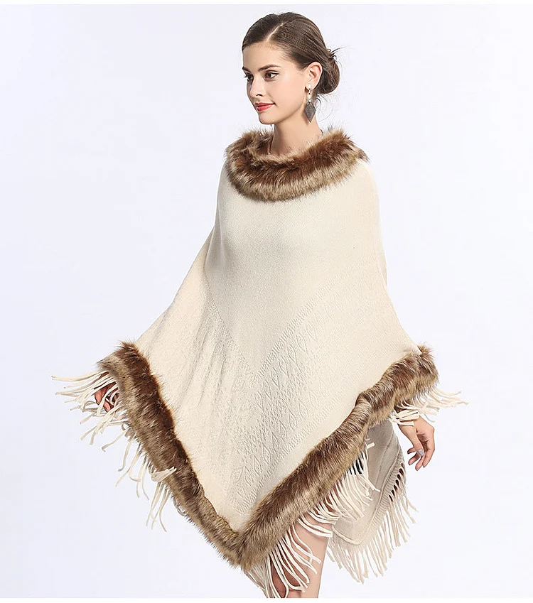 Women's Fur Collar Fringed Pullover Knitted Cape Coat-Beige socialshop